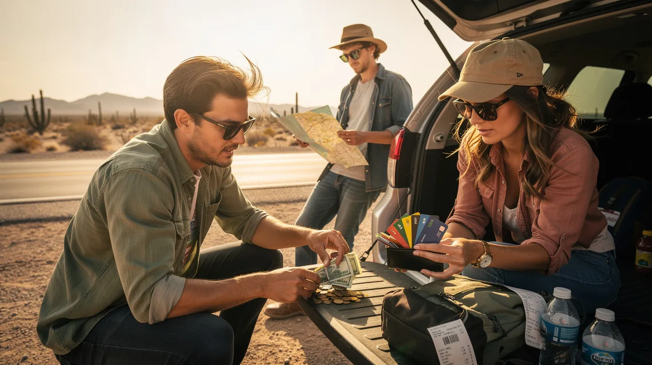 A small group of travelers is gathered around a table, preparing cash and cards for their upcoming desert road trip in Morocco. They are discussing the best ATMs to use, considering factors like withdrawal fees and exchange rates, while ensuring they have enough cash for their journey through the Sahara Desert.
