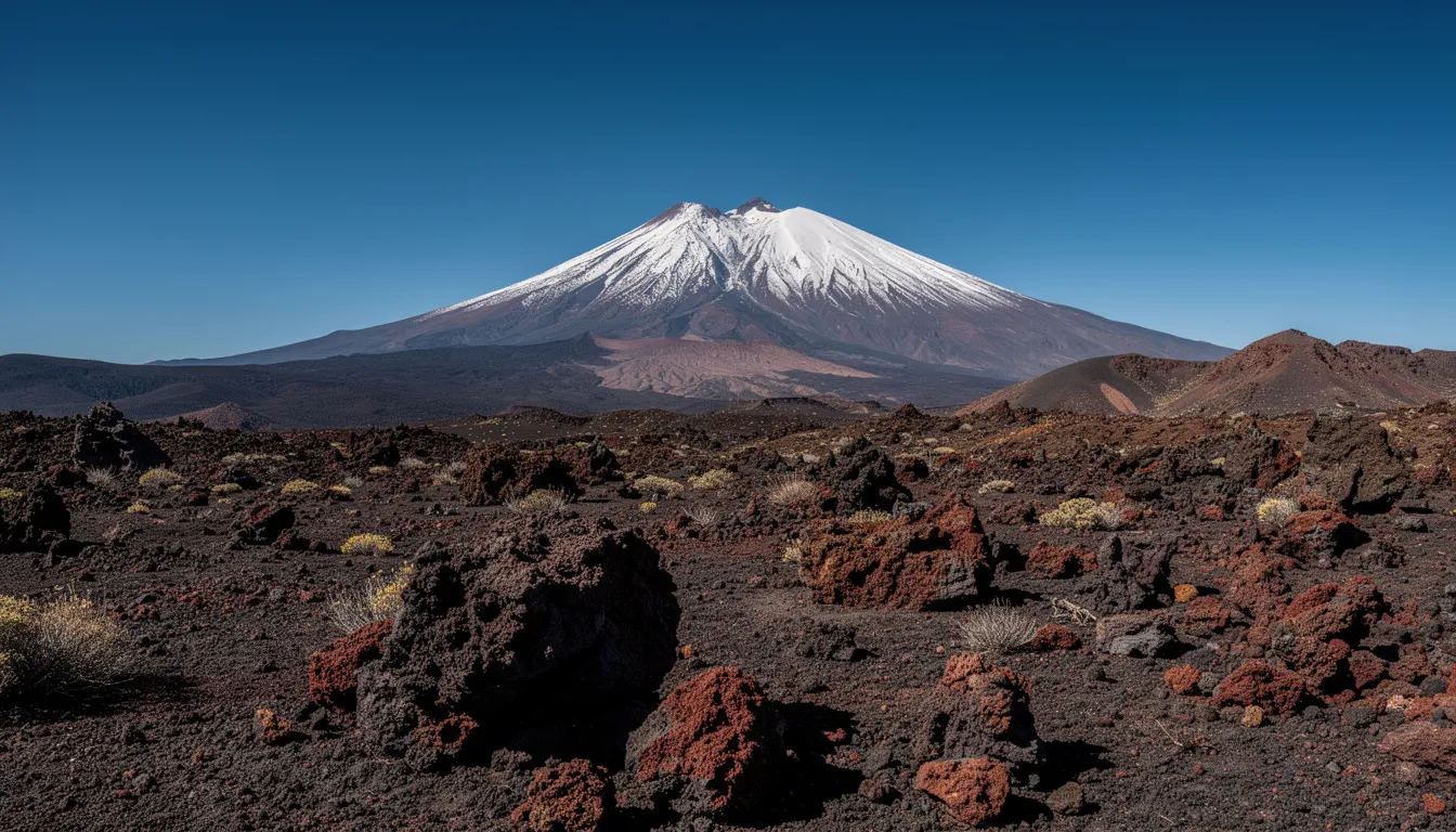 Le paysage volcanique du parc national du Teide présente un sommet enneigé entouré de roches de lave, offrant une vue spectaculaire sur la nature sauvage de Ténérife. Ce site impressionnant est idéal pour ceux qui souhaitent explorer l'île en voiture de location et découvrir ses trésors naturels.