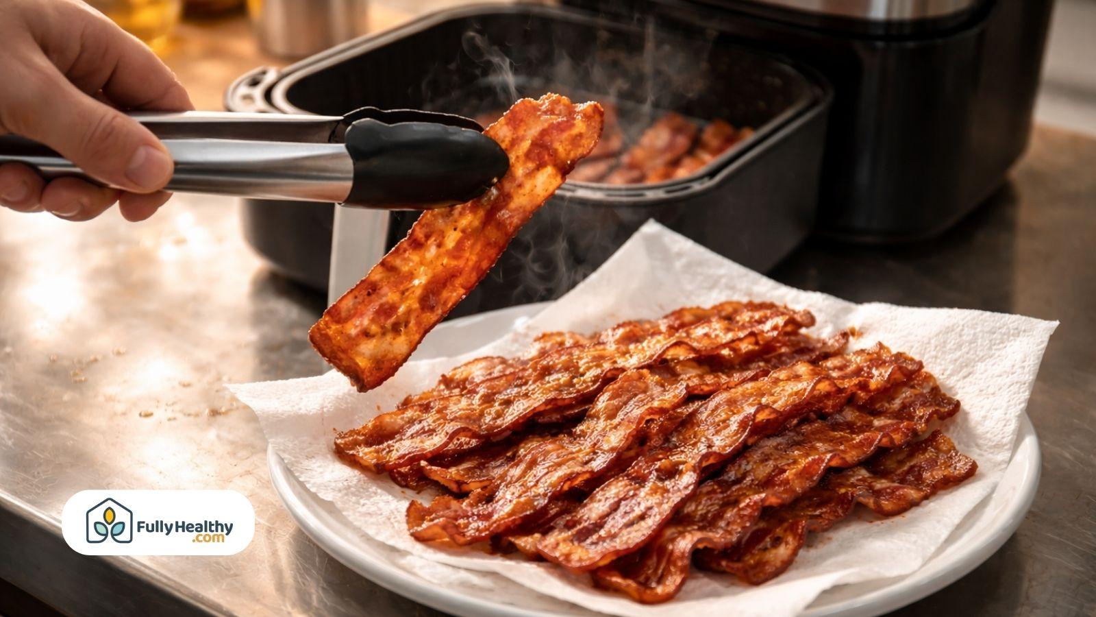 Hand lifting crispy air fryer bacon with tongs over paper towel plate