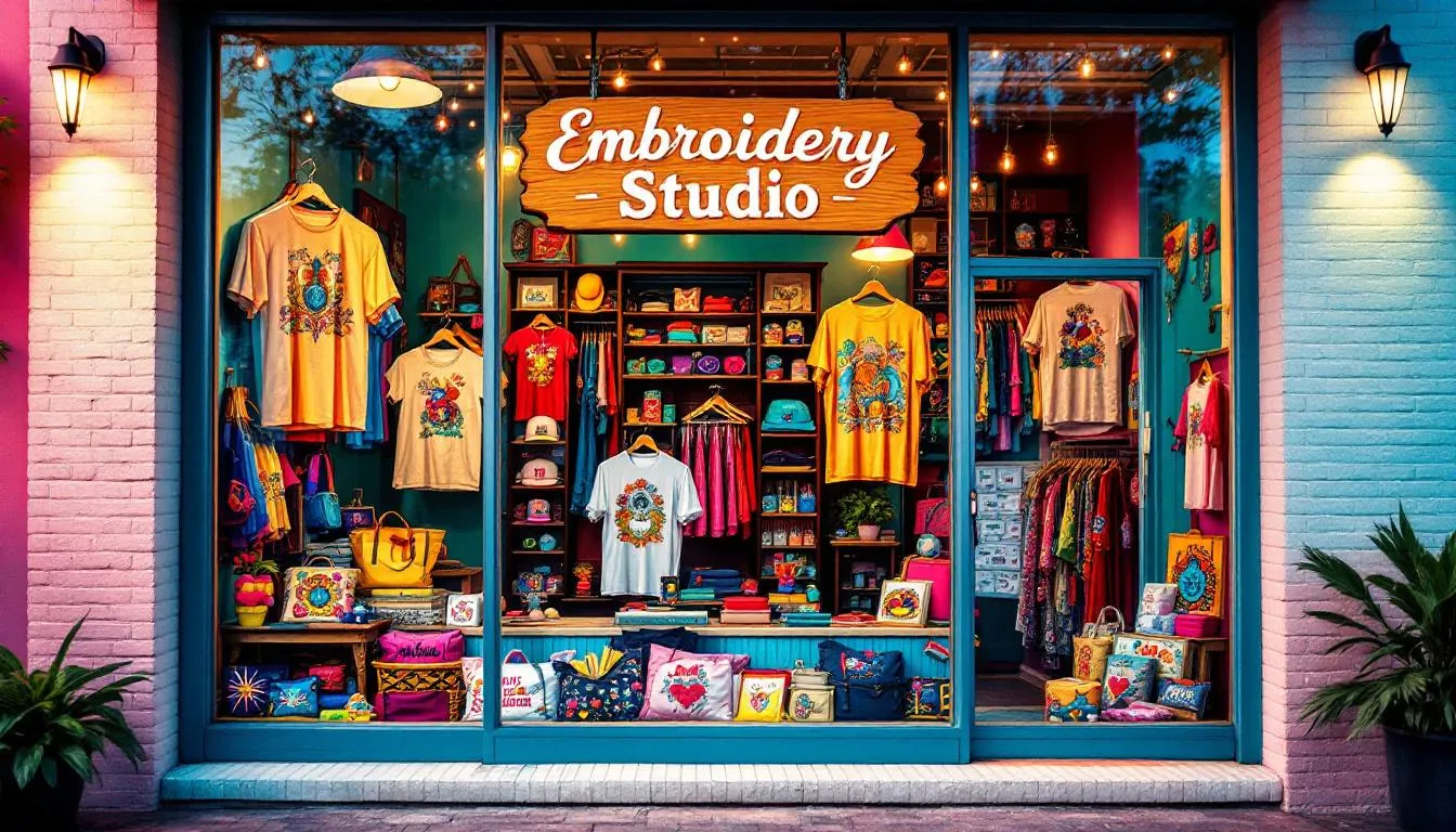 A vibrant storefront of a custom embroidery shop in Oakland Park, Florida, showcasing various embroidered products.