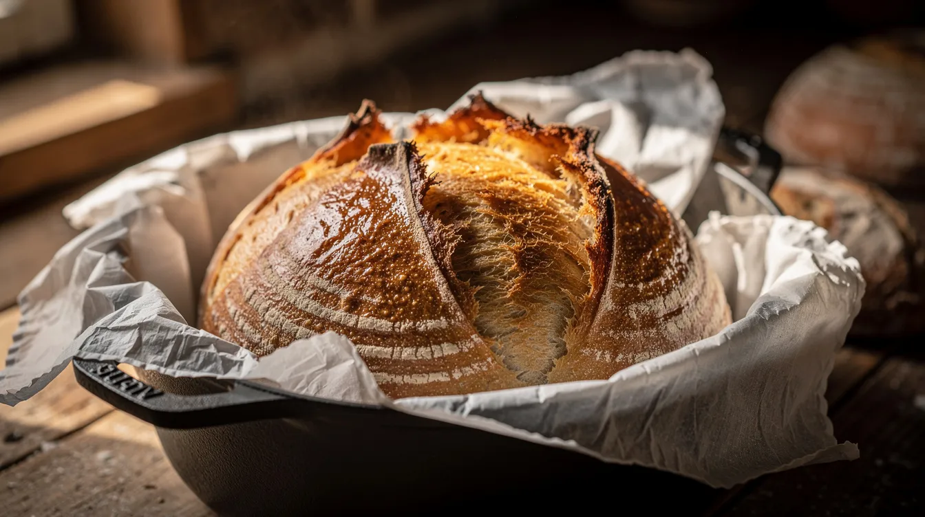 A round sourdough loaf with a deep ear and a blistered golden crust rests inside a cast iron Dutch oven lined with parchment paper, showcasing the beautiful texture and color of freshly baked sourdough bread. The loaf's impressive oven spring and artisanal appearance highlight the craftsmanship involved in baking sourdough bread.