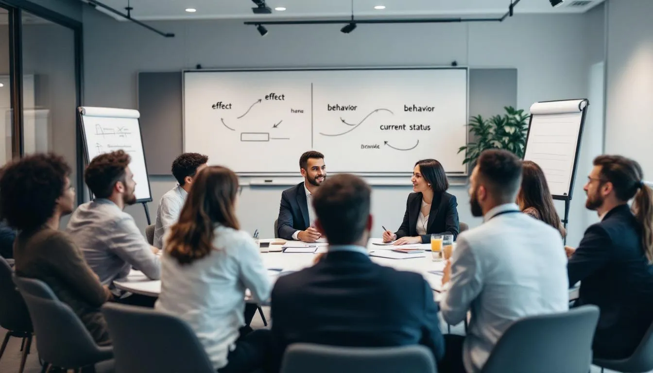Das Bild zeigt eine interaktive Schulung, die sich auf die Etablierung einer starken Feedbackkultur in Unternehmen konzentriert. Teilnehmende diskutieren über die Wirkung von Rückmeldungen, den Status quo und die Vorteile einer offenen Kommunikation im Arbeitsalltag, während sie sich mit verschiedenen Feedbackformaten wie 360-Grad-Feedback und 90-Grad-Feedback auseinandersetzen.