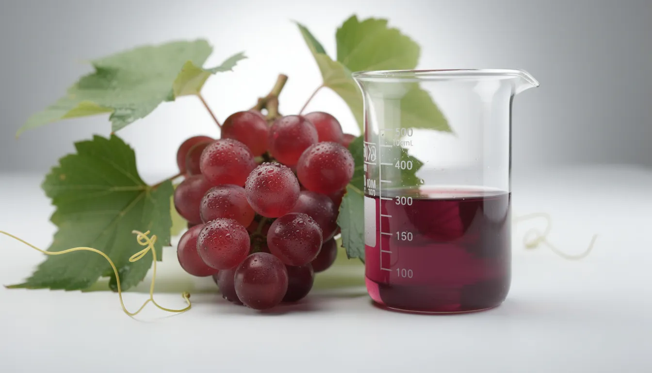 The image features fresh red grapes on a vine, glistening with morning dew, alongside a clear laboratory beaker filled with a deep purple liquid extract, possibly highlighting the health benefits of resveratrol supplements. This scene symbolizes the potential protective effects of resveratrol against cardiovascular disease and its role as a cancer chemopreventive agent.