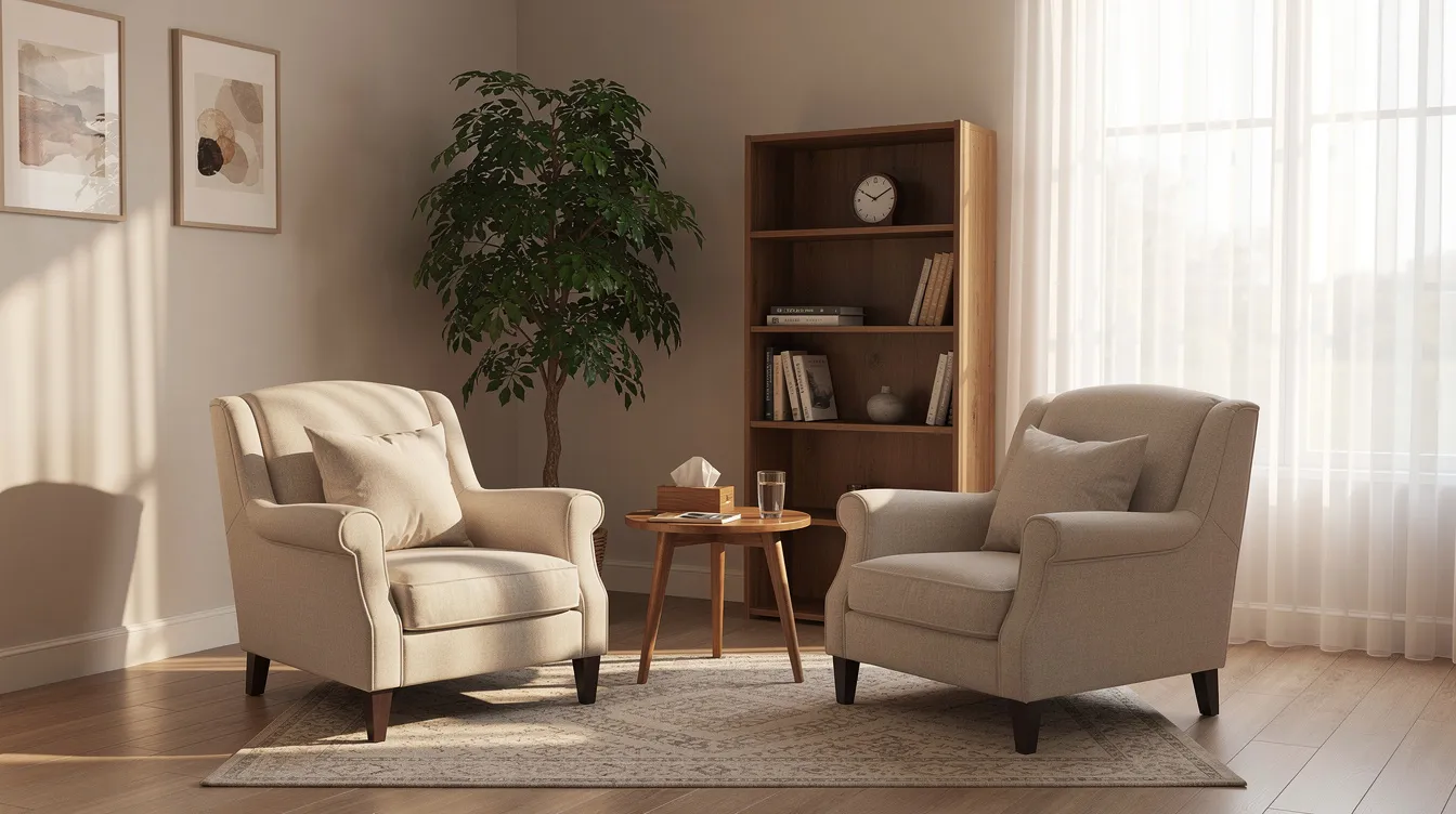 The image depicts a serene therapy office featuring comfortable chairs and abundant natural light, creating an inviting environment for mental health support. This space is designed to promote positive mental health and well-being, essential components of effective mental health care.
