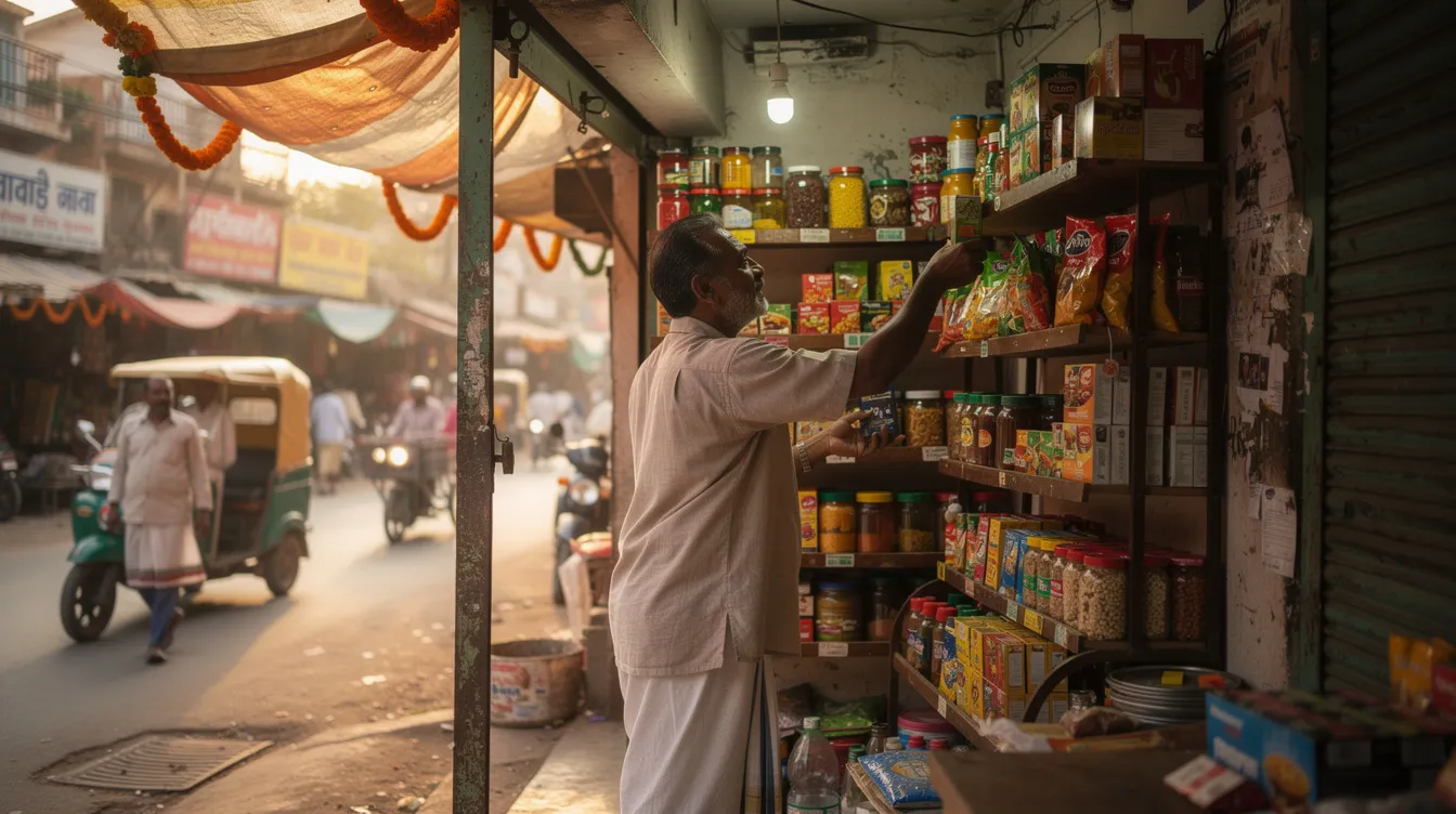 A small shop owner is diligently arranging various products on shelves in a bustling Indian market street, surrounded by vibrant stalls and shoppers. The scene reflects the lively atmosphere of micro enterprises in India, where eligible borrowers often seek financial support through schemes like the प्रधानमंत्री मुद्रा योजना for their business needs.