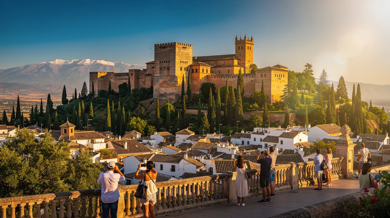 A imagem retrata uma vista deslumbrante de Granada, na Espanha, durante o verão, com suas colinas e arquitetura histórica ao fundo. O céu azul e ensolarado destaca a beleza da cidade, conhecida por seus centros culturais e rica herança histórica.