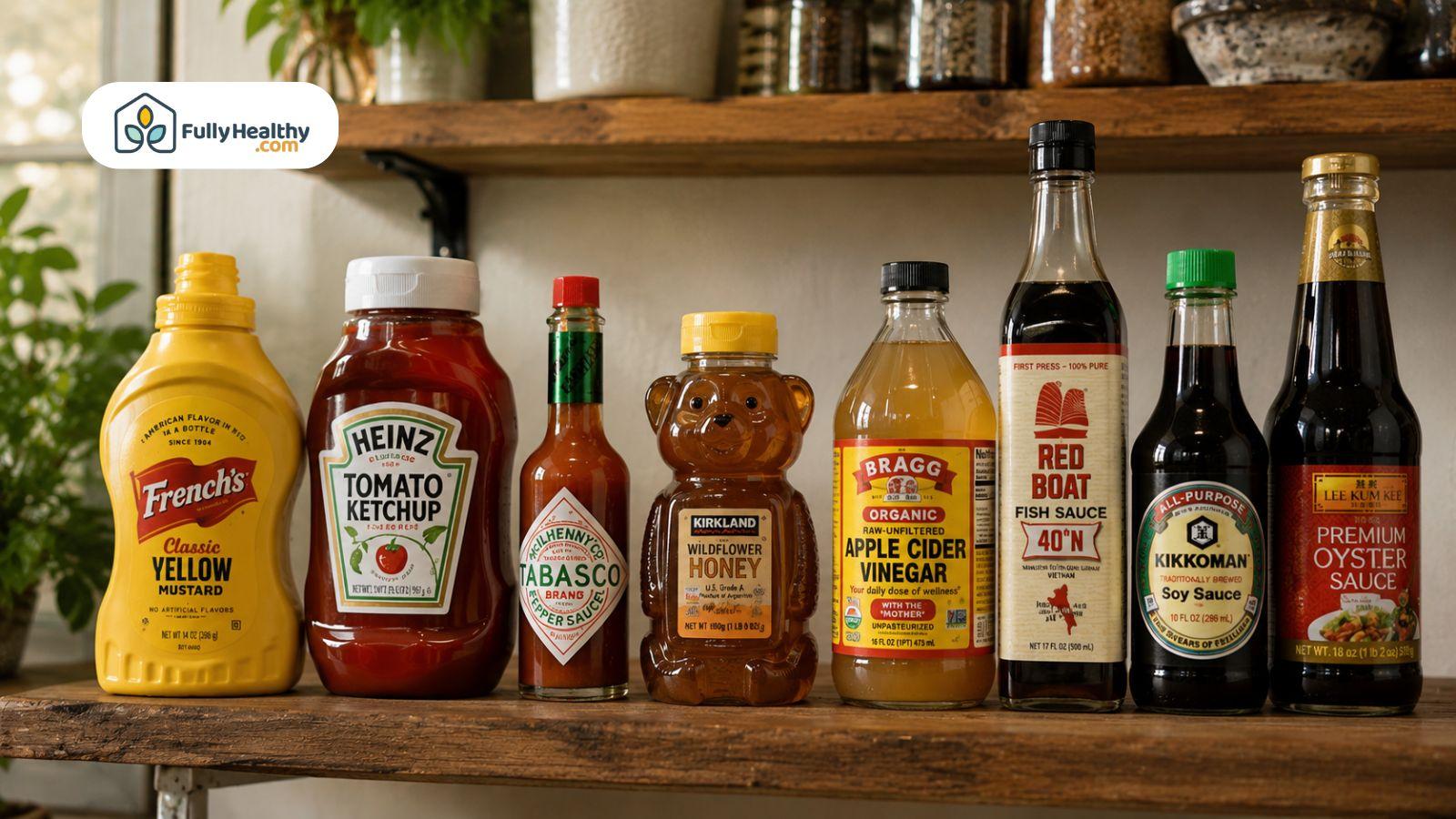 Shelf stable condiments including mustard ketchup soy sauce honey