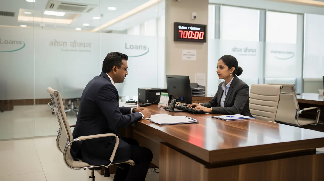 28eb0502 ecee 4418 a827 fa1b0494266d A professional is seated across a sleek, modern desk from a bank officer in an Indian bank branch, discussing the loan approval process. The bank officer is reviewing documents related to the loan application, while the applicant appears engaged and prepared to discuss their credit history and financial stability.