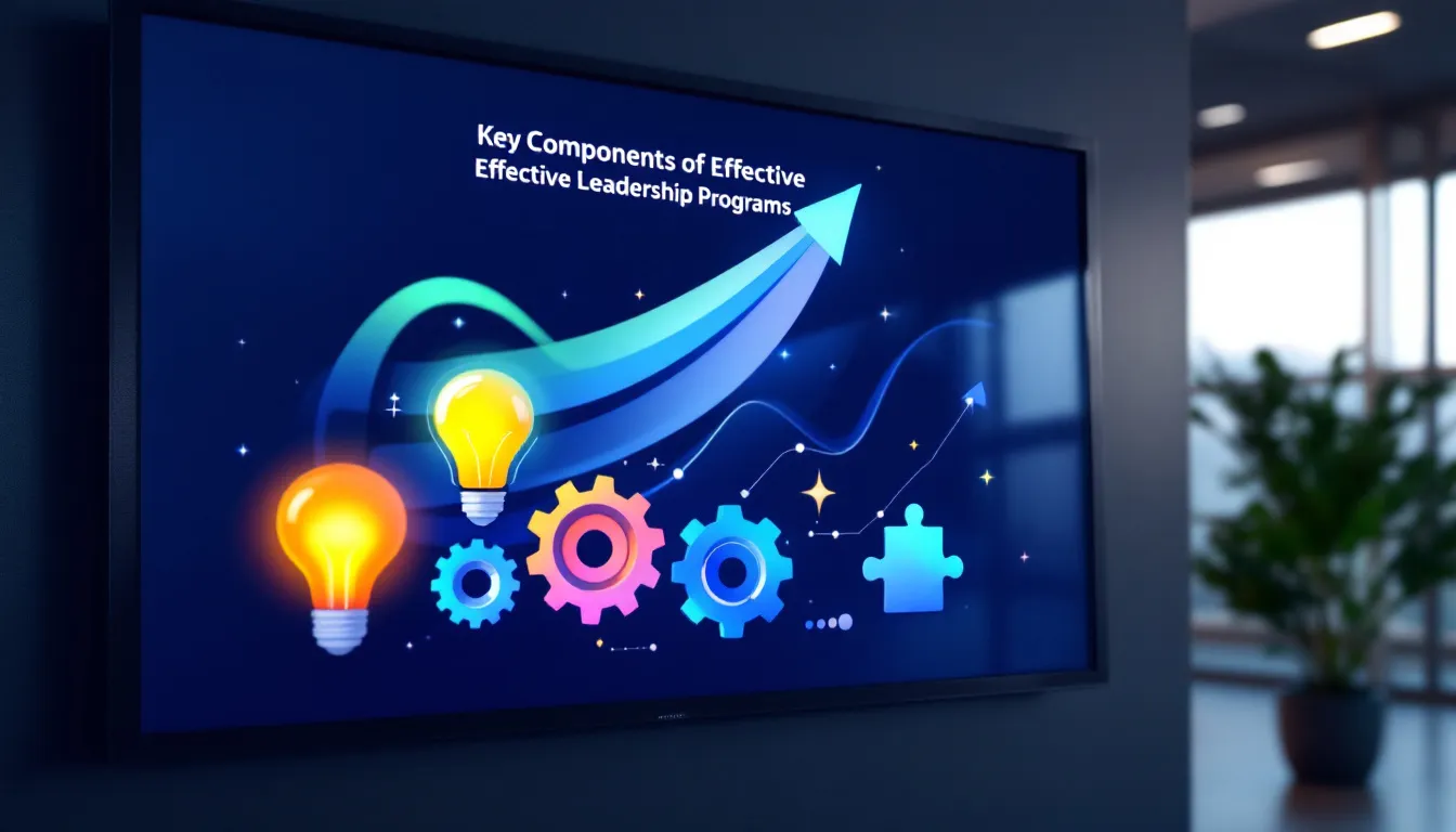 Key components of effective leadership programs displayed on a digital screen.