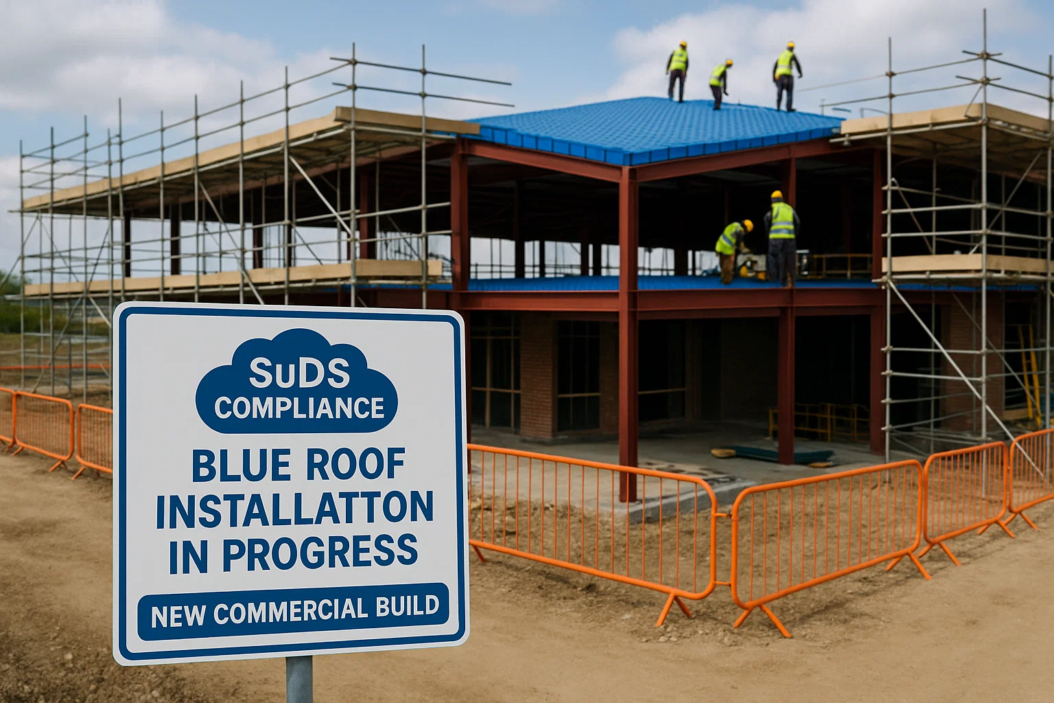 Commercial roofing project with SuDS compliance signage and blue roof installation underway.