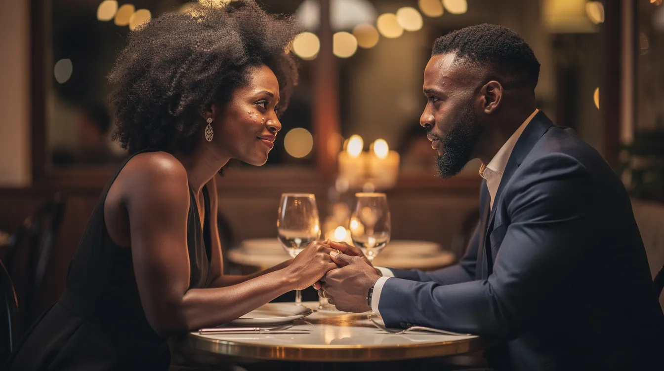 A black couple shares a moment of emotional intimacy during their date, holding hands and engaging in open and honest communication. Their facial expressions reflect a deep bond and mutual understanding, creating a safe space where they feel connected and appreciated.