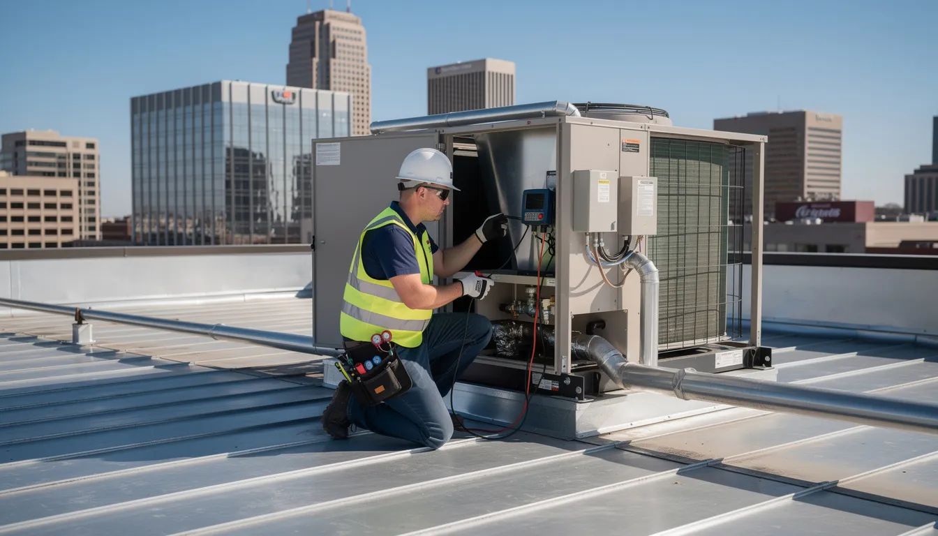 Hvac Social Media Posts: Ideas, Strategy &Amp; Examples That Actually Win Local Jobs | Rsm Marketing An hvac technician is inspecting equipment on a commercial rooftop unit, with a bustling city skyline visible in the background. This scene highlights the essential hvac services provided by professionals, showcasing their expertise in maintaining energy-efficient systems for businesses in urban environments.