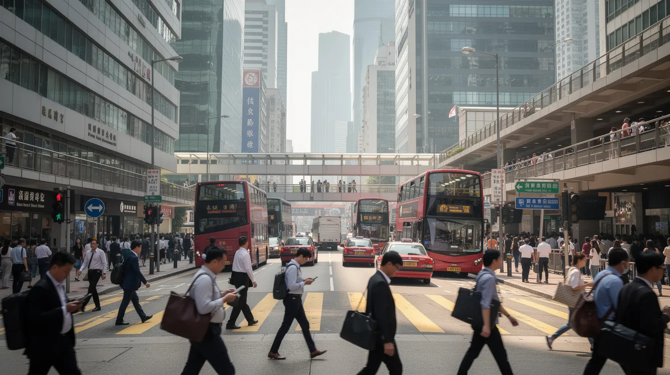 A bustling street scene in Hong Kong's Central District, featuring government buildings in the background as people walk to work during a busy day. The image captures the vibrant atmosphere of the Hong Kong Special Administrative Region, highlighting the daily life of both civil servants and the public.