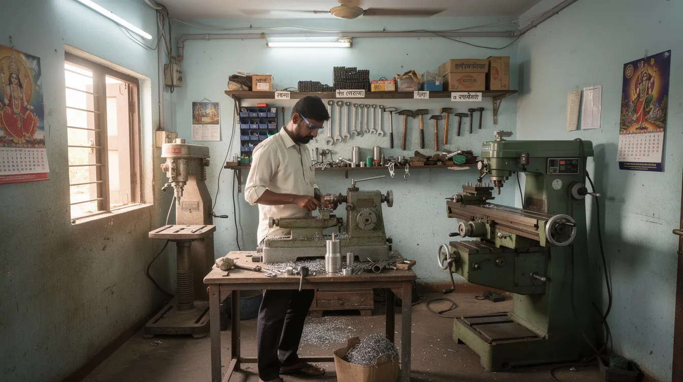 28effed9 c3b9 4c5c b241 38ef98e7554b The image depicts a small workshop filled with various machinery and tools, symbolizing a micro manufacturing business in India. This space represents the potential for growth and development of micro enterprises, often supported by financial institutions through schemes like the Pradhan Mantri Mudra Yojana, facilitating access to necessary funding for eligible borrowers.