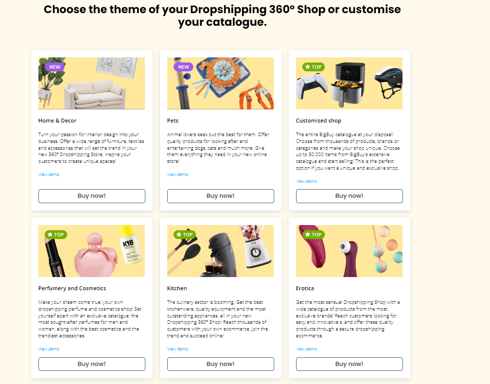 themes of dropshipping 360 shop bigbuy