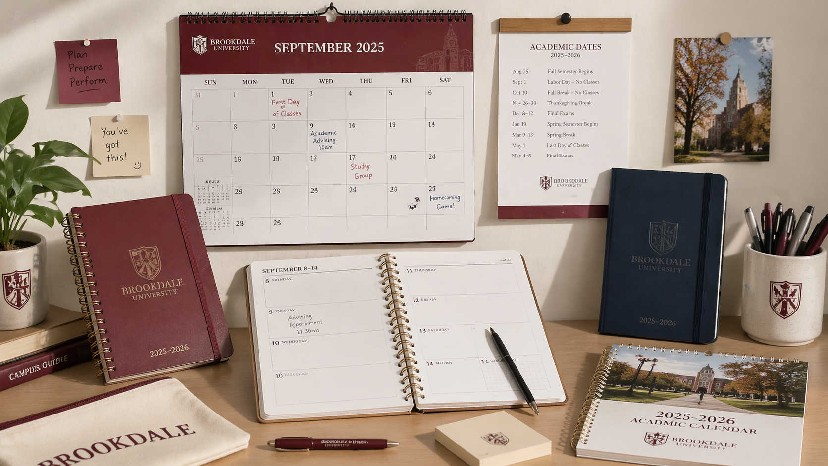 Physical planners and wall calendars for college students, with academic dates printed and ample space for writing, helping students stay organized throughout the semester