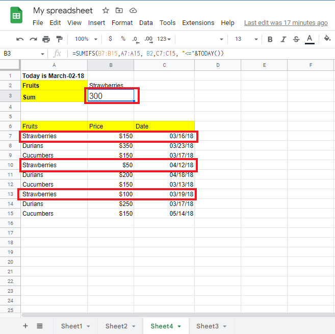 Sum data of the sumifs in Google sheets function.