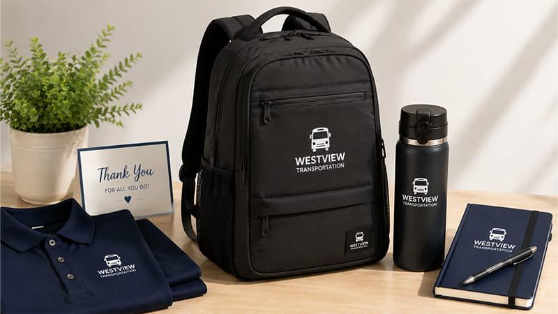Personalized work backpack with a tumbler, polo shirt, notebook, and driver appreciation card