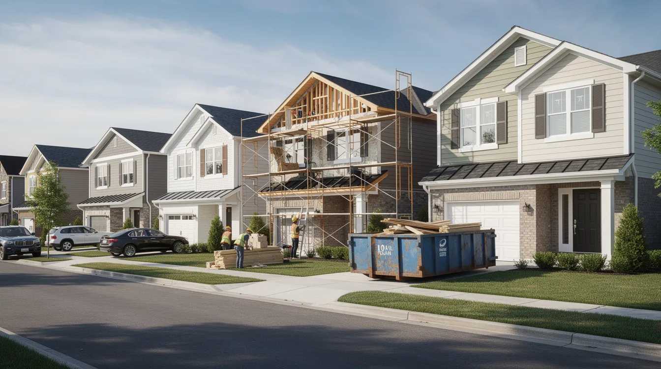 The image depicts a row of investment properties on a residential street, with one home undergoing visible renovation work. This scene reflects the potential for increasing home equity and property value, which can be important factors when considering a home equity loan or assessing debt to income ratios for financing options.