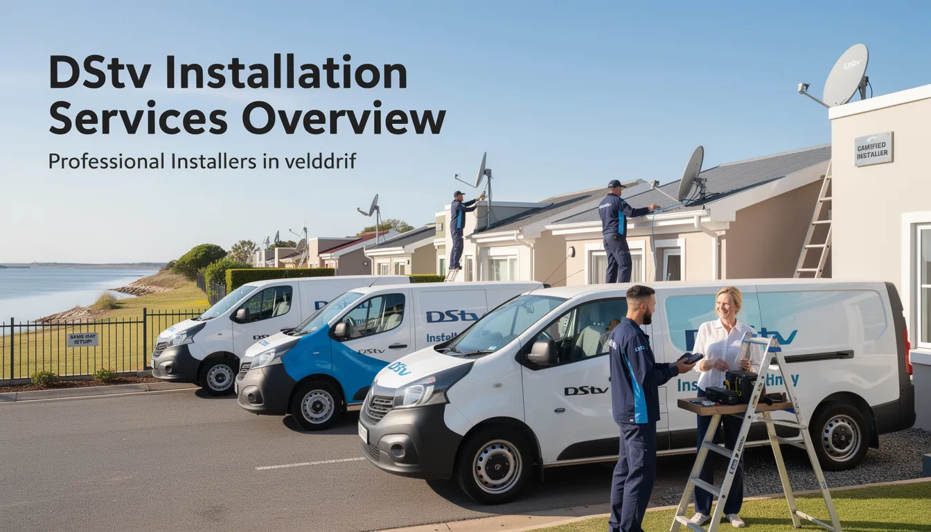 The image depicts a professional DStv installation service in Velddrif, showcasing accredited installers setting up a satellite dish and decoder for optimal signal quality. The scene highlights the technicians using the latest tools to ensure a seamless installation, catering to various DStv installation needs, including new installations and signal repairs.