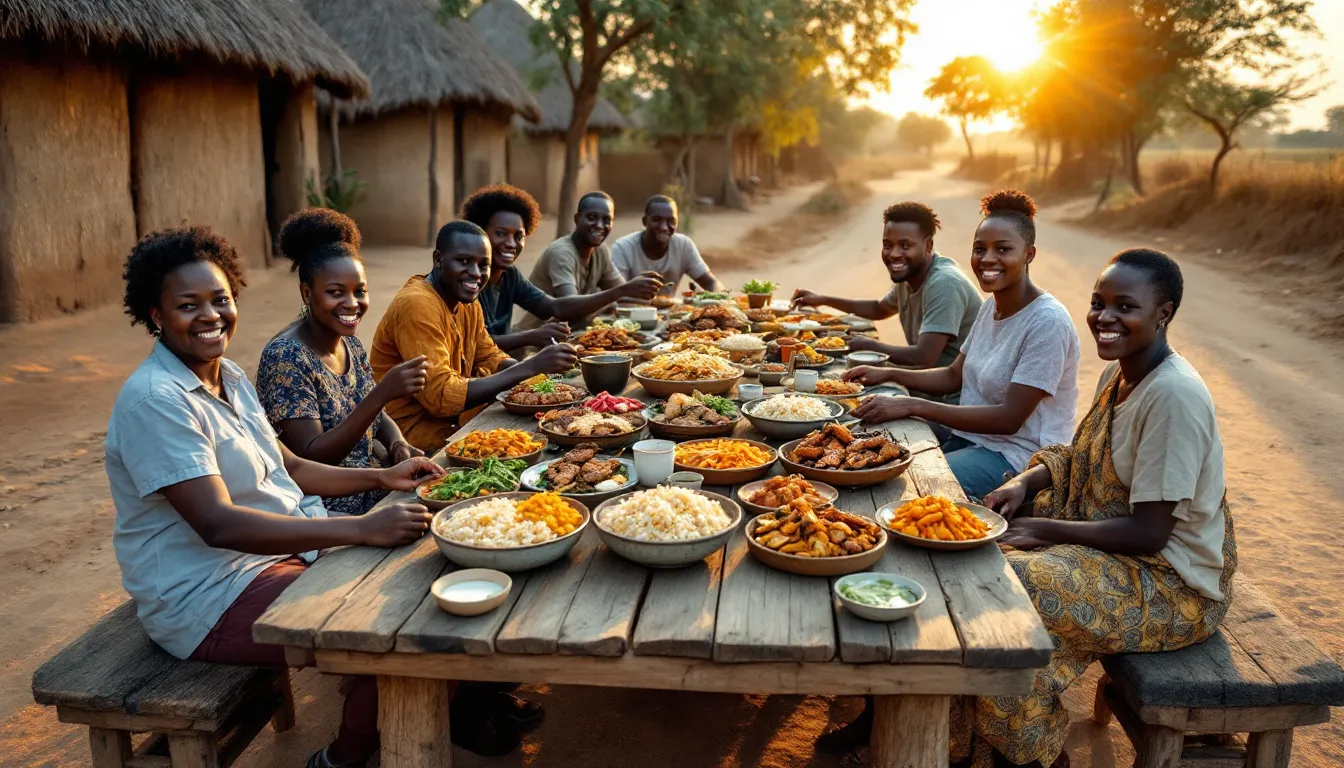 In a rural African setting, people are gathered outdoors sharing a traditional meal that includes flavorful dishes such as goat meat, maize meal, and sweet potatoes, embodying the essence of Eswatini cuisine. The scene captures the warmth of community and the rich cultural heritage of the Swazi people as they enjoy their national dish together.