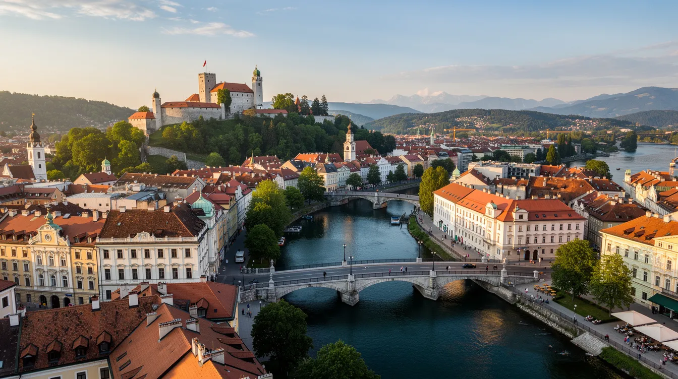 Imagem da cidade de Liubliana, capital da Eslovênia, mostrando sua arquitetura charmosa e pontes icônicas, como a famosa Ponte do Dragão. A cena captura a rica cultura e o ambiente vibrante, tornando-se um dos destinos favoritos para quem viaja pelo mundo.