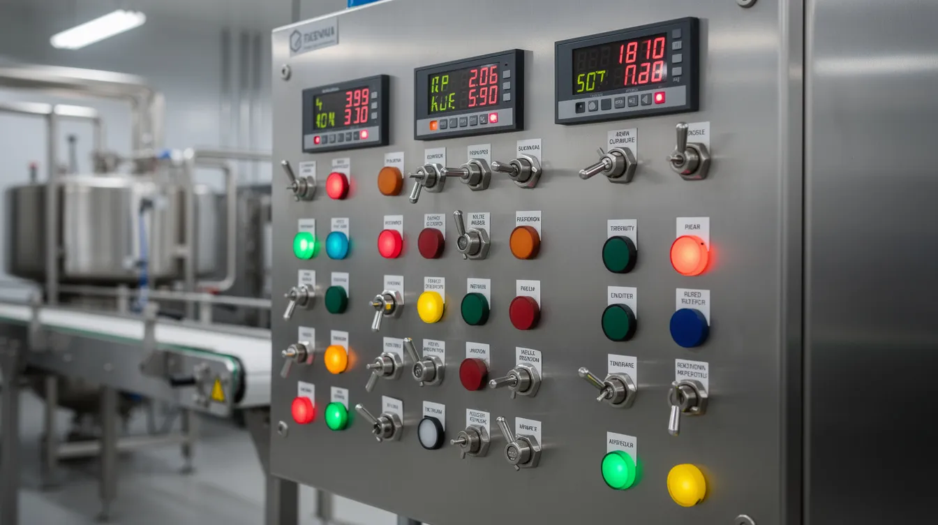 The image shows a close-up view of an industrial control panel featuring various buttons, switches, and digital displays, typical of a food processing factory, particularly in a roller flour mill plant. This advanced machinery is designed for optimal performance and consistent flour quality, reflecting the high efficiency and automation level required in modern flour mill operations.