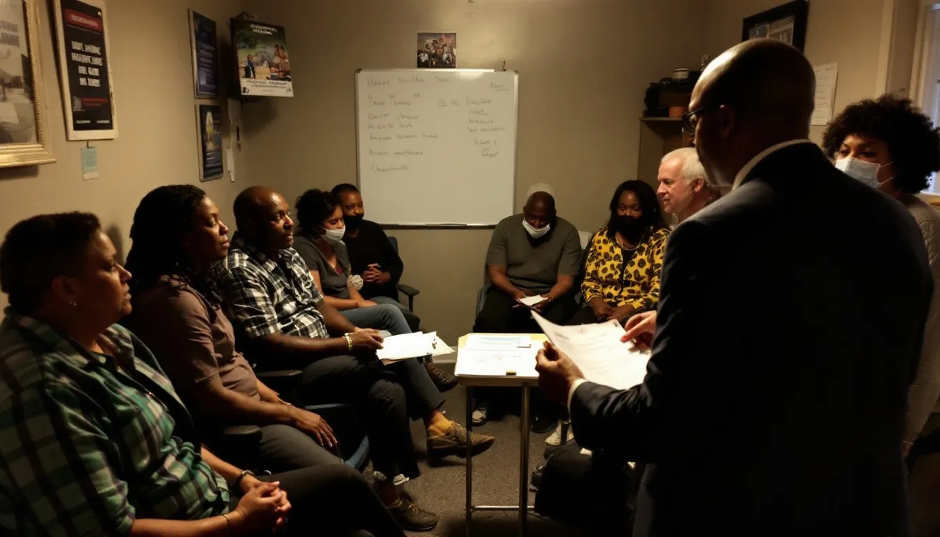 A diverse group of tenants discussing their rights with a tenant rights lawyer in Nashville.