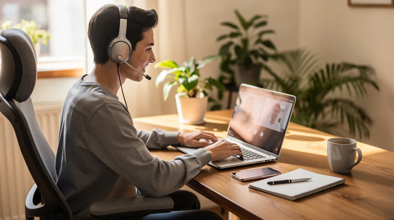The image depicts a person working remotely at a home desk, equipped with a laptop and a headset, embodying the modern remote working environment. This scene reflects the growing trend of businesses requiring reliable IT support as they expand, highlighting the importance of strategic advice and proactive monitoring to meet business objectives.