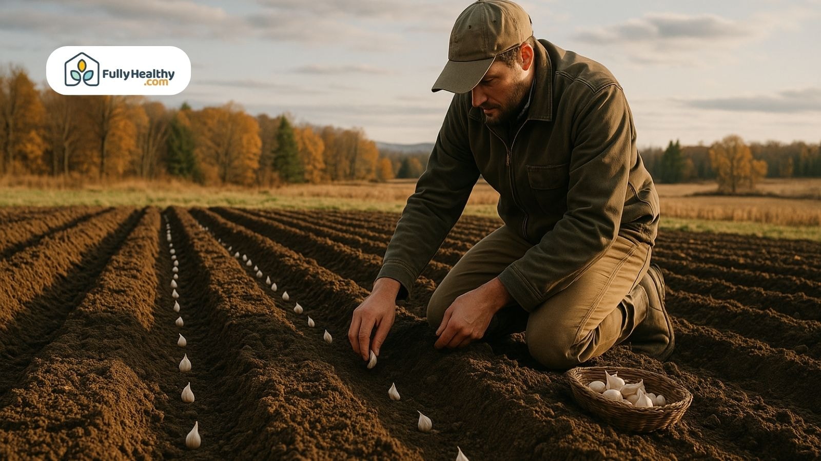 Farmer planting garlic by hand in well-prepared soil rows outdoors