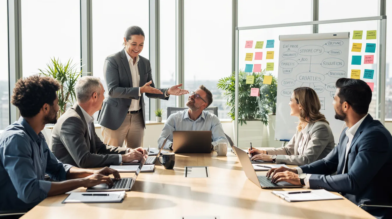 A diverse team of professionals collaborates around a table in a bright office, utilizing laptops and whiteboards to discuss strategies for responsible AI development and governance. The scene highlights the importance of human oversight and risk management in the implementation of AI technologies and tools.
