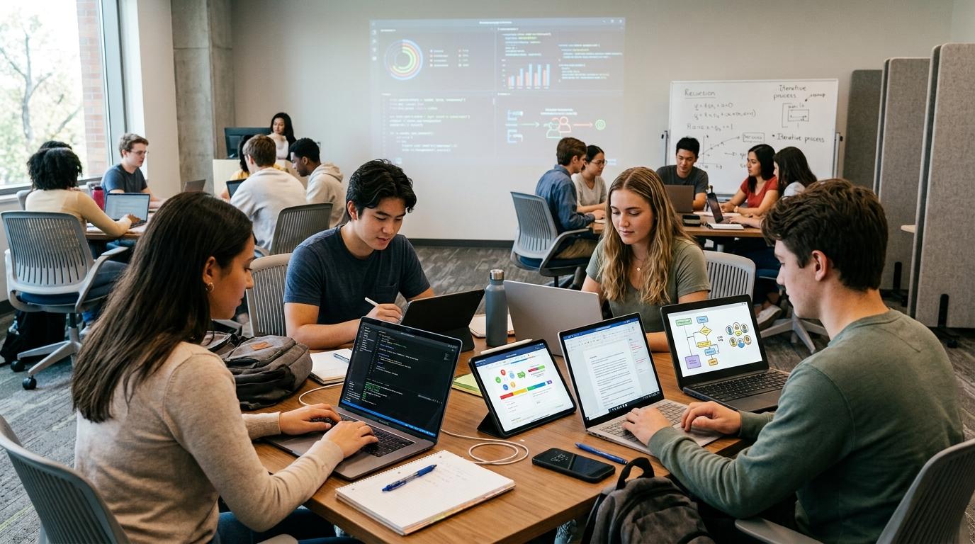 Modern education technology scene featuring written assignments, coding exercises, quizzes, and interactive classroom activities displayed across multiple devices.