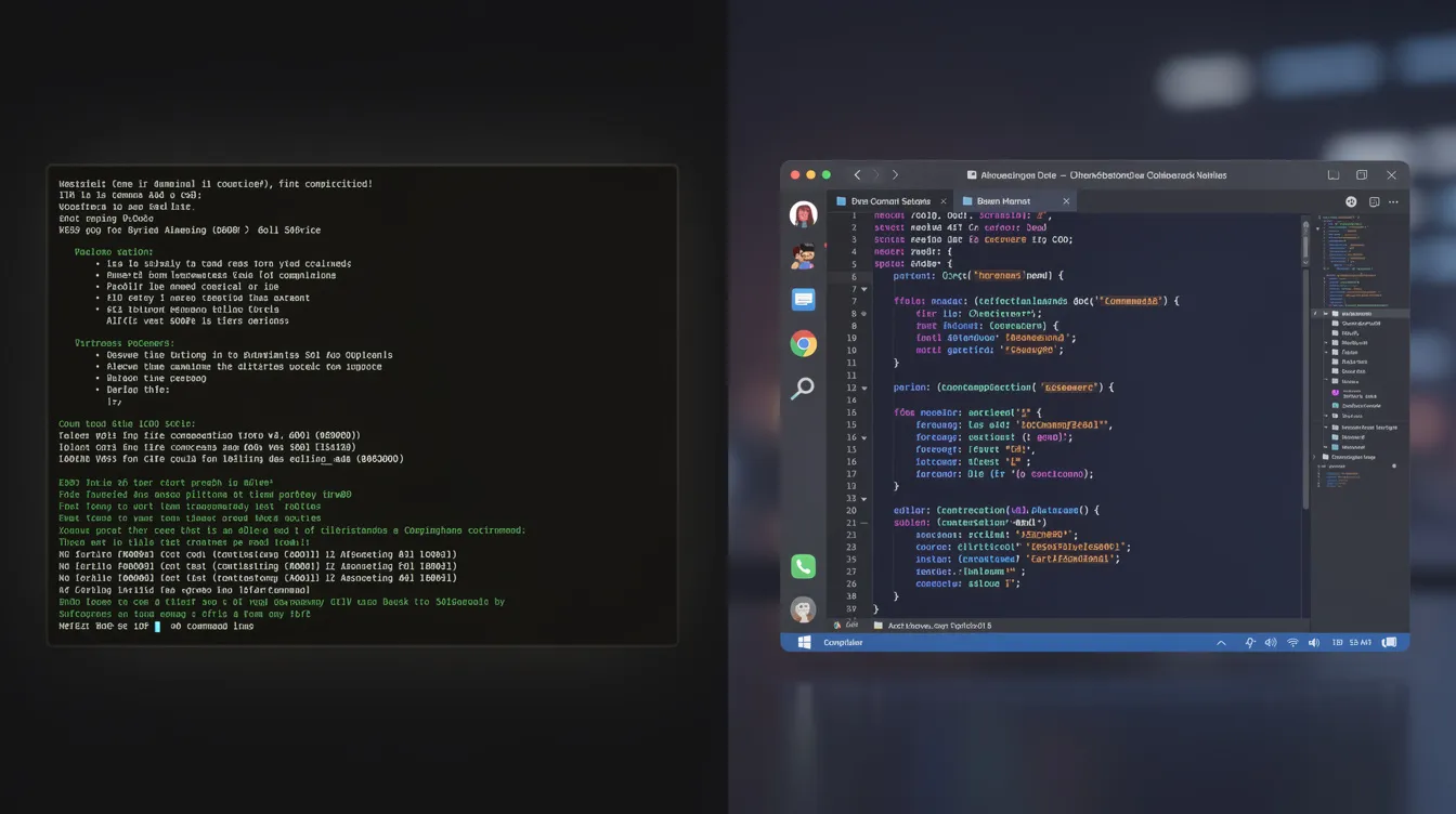 The image depicts a split-screen comparison, showcasing a terminal on the left side with a command line interface, and a vibrant code editor on the right featuring a colorful user interface. This scene illustrates the workflow of developers engaged in pair programming, highlighting the tools used to write and manage code within a project.