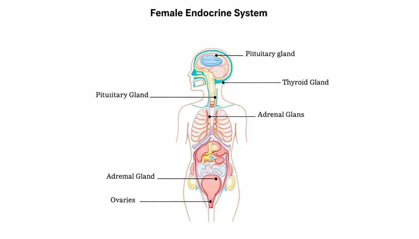 The image is a diagram illustrating the female endocrine system, highlighting various glands such as the thyroid gland and adrenal glands, which play an important role in regulating hormone levels. It visually represents how these glands contribute to overall health, including factors like menstrual cycles, bone health, and managing symptoms of hormone imbalance.