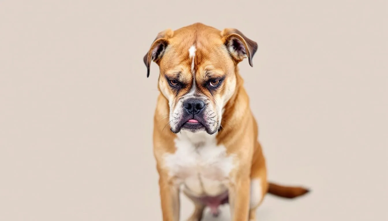 A dog is displaying stress signals with its head lowered and an anxious expression, demonstrating lip licking behavior as it frequently licks its lips, which can indicate discomfort or anxiety. This dog
