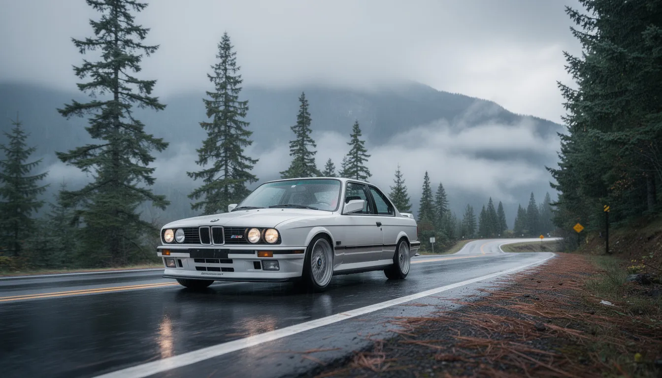 A vintage BMW E30 is cruising along a winding mountain road in the scenic Pacific Northwest, surrounded by lush greenery and towering trees. This classic vehicle, known for its quality and performance, embodies the passion of car enthusiasts who appreciate expert maintenance and restoration.