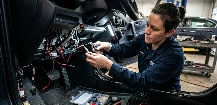 Mechanic installing a hidden kill switch inside a vehicle dashboard.