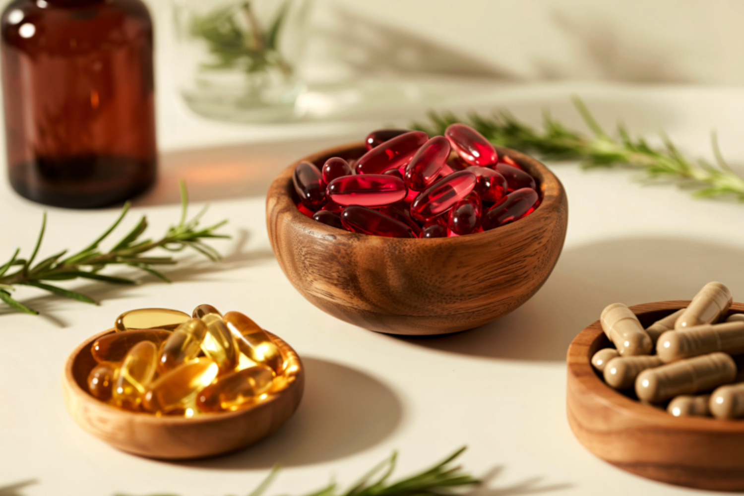 Organic health supplements. Wooden bowls contain red, gold, and tan capsules, arranged on a white surface with sprigs of rosemary.