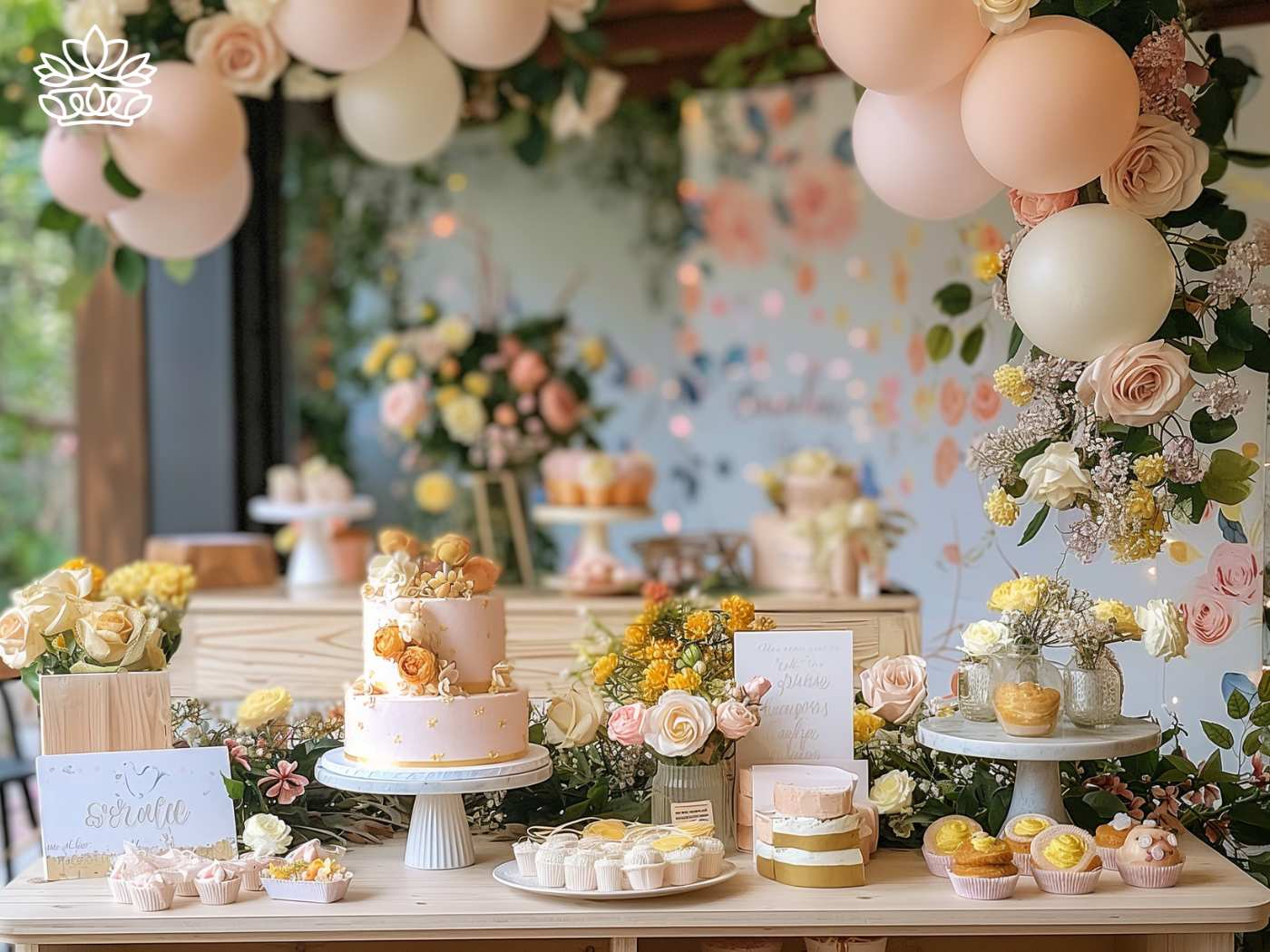 Elegant dessert table adorned with a tiered cake, assorted pastries, and a bountiful floral arrangement, enhanced by balloon decorations for Fabulous Flowers and Gifts.