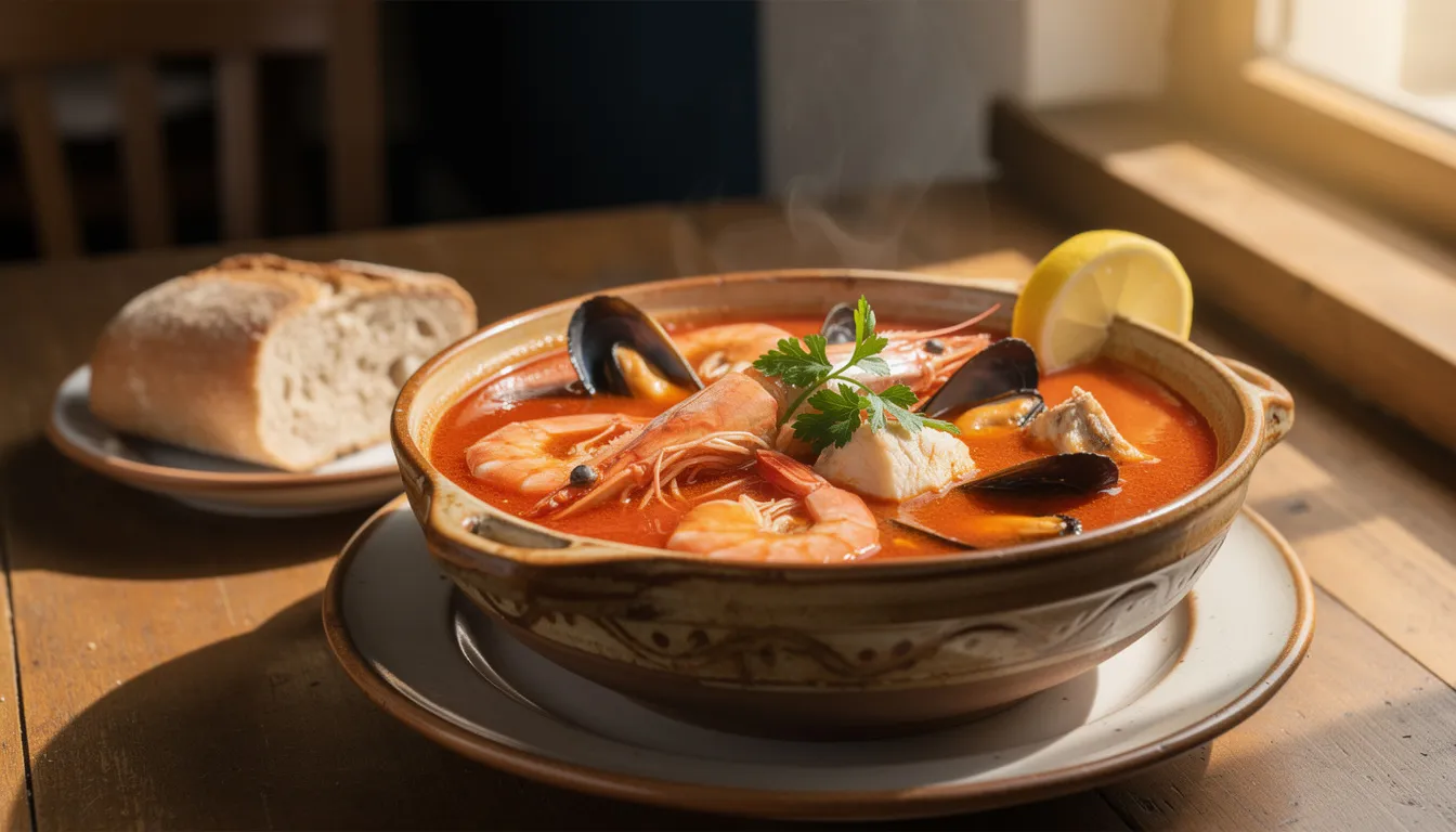 A bright red fisherman's soup, known for its spicy flavor, is served in a traditional ceramic bowl alongside fresh bread, showcasing the essence of typical Hungarian food. This hearty dish reflects the rich culinary heritage of Hungary, often enjoyed as part of traditional Hungarian cuisine.