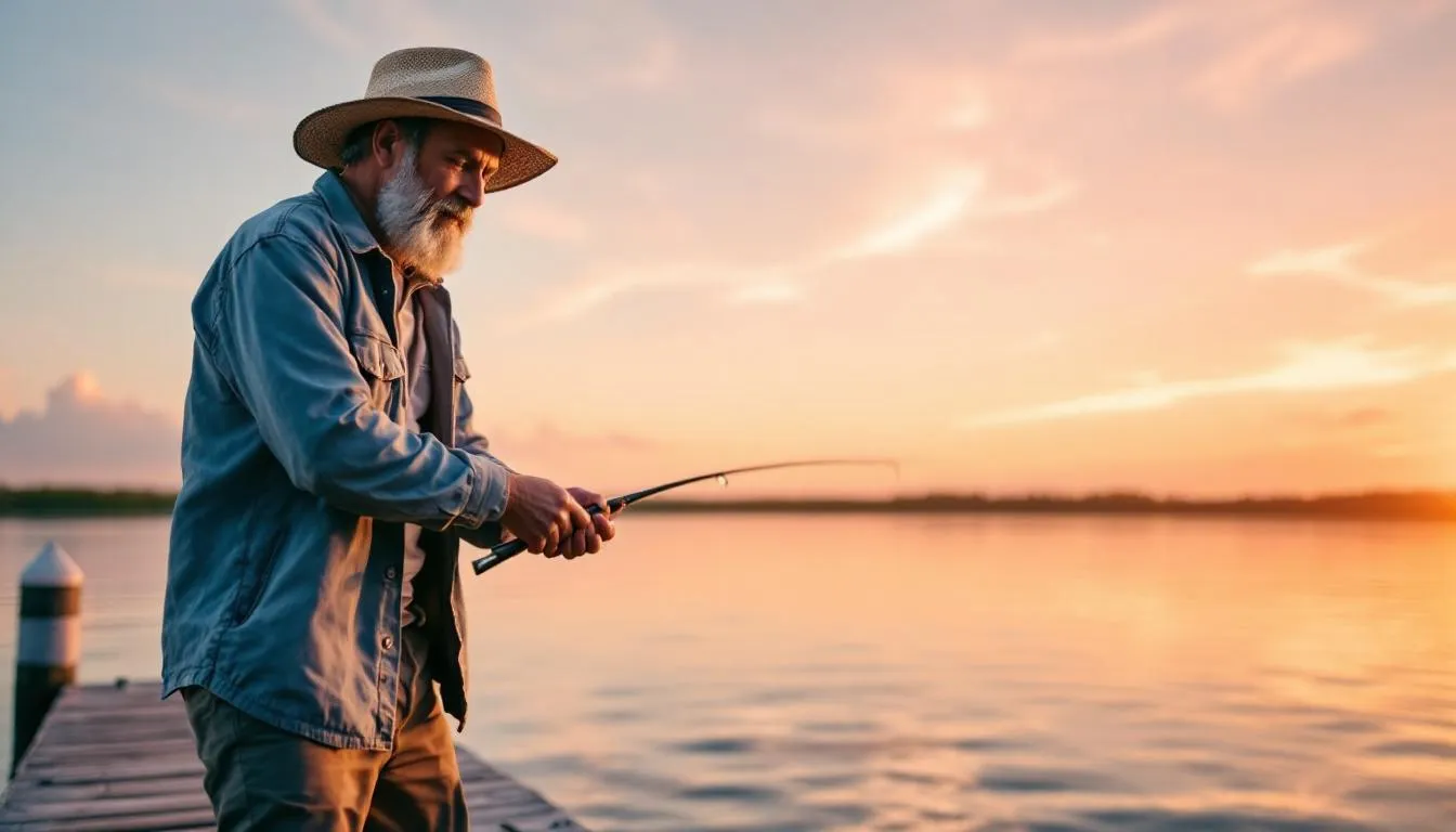 Wędkarz holuje rybę na tle jeziora podczas zachodu słońca, trzymając w ręku wędkę, a w wodzie widać ruchy ryby. Scena ukazuje technikę łowienia metodą drop shot, która jest popularna wśród wędkarzy.