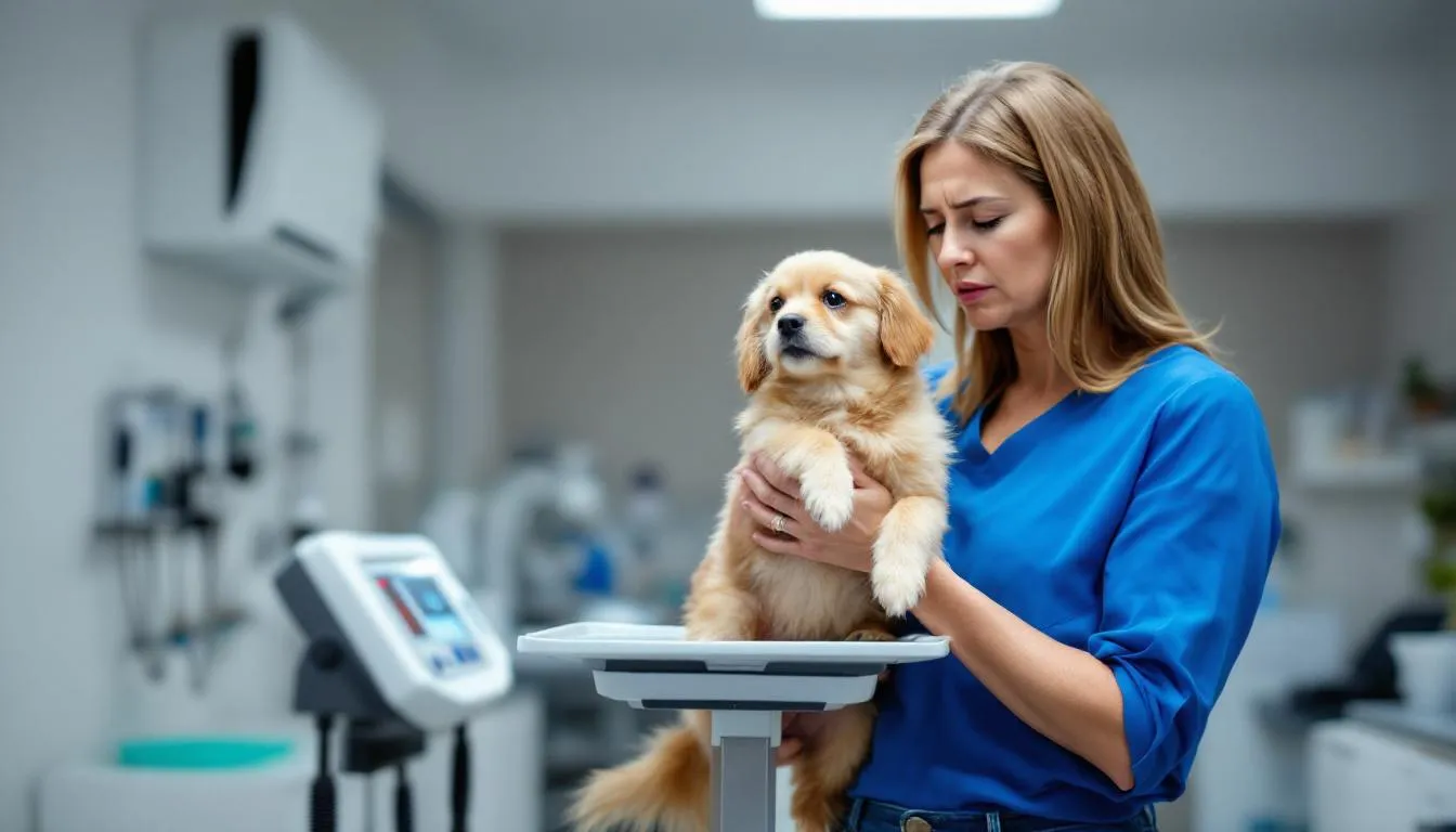 A concerned dog owner is checking their pet