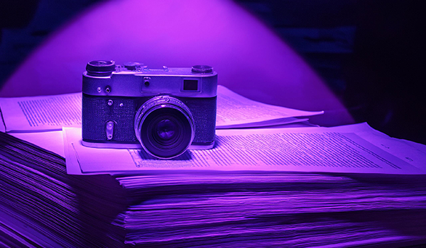 Image of a 35mm camera sitting atop a stack of legal documents with a purple background