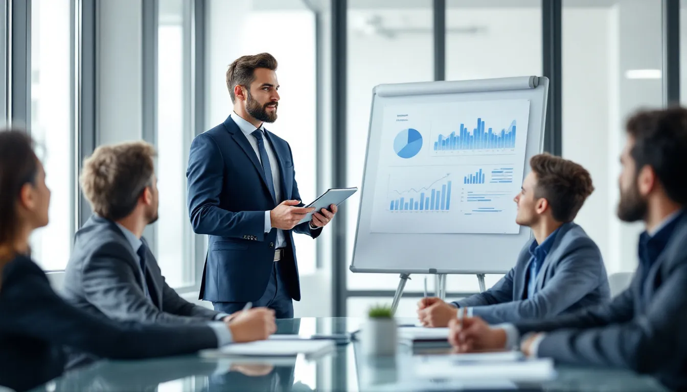 Um profissional está apresentando um relatório de valuation, destacando a avaliação de empresas e o valor de mercado, para uma equipe executiva atenta. O ambiente é de negócios, com gráficos e dados sobre fluxo de caixa e metodologias de avaliação visíveis na tela.