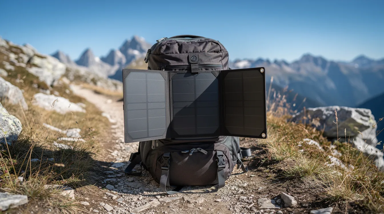 A folding solar panel is securely attached to a hiking backpack on a mountain trail, under a clear blue sky, showcasing its portability and convenience for outdoor enthusiasts. This compact solar charger is designed to harness sunlight for charging devices like smartphones and cameras while on the go.