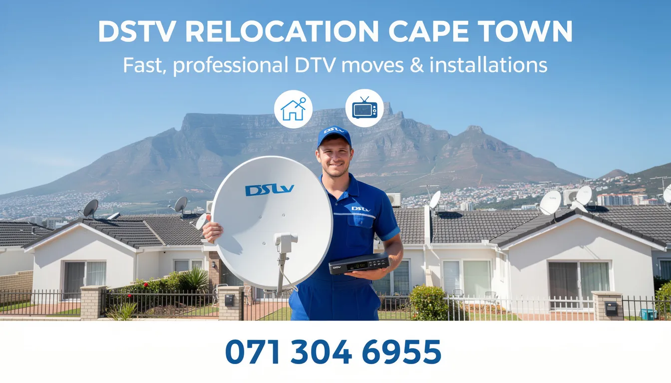 The image features a promotional graphic for DSTV relocation services in Cape Town, showcasing the contact number 071 304 6955. It highlights professional DSTV installers who provide installation, relocation, and repair services, ensuring customer satisfaction with quality service and affordable pricing.