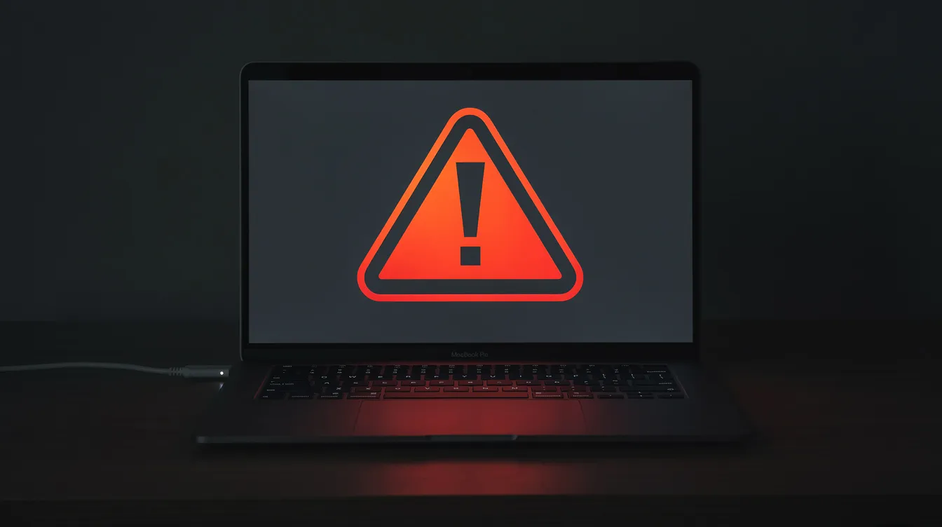 The image shows a red warning symbol prominently displayed on a laptop screen in a dark room, indicating potential security threats such as malware or malicious code on a website. This visual serves as a reminder for website owners to utilize a security scanner to detect and address any security issues.