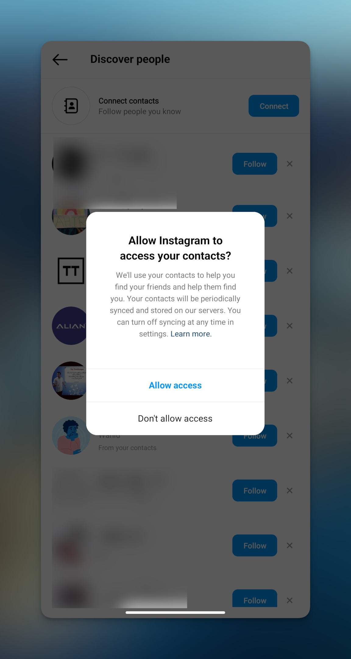 Remote.tools shows to allow access to your contacts to sync with Instagram to discover people