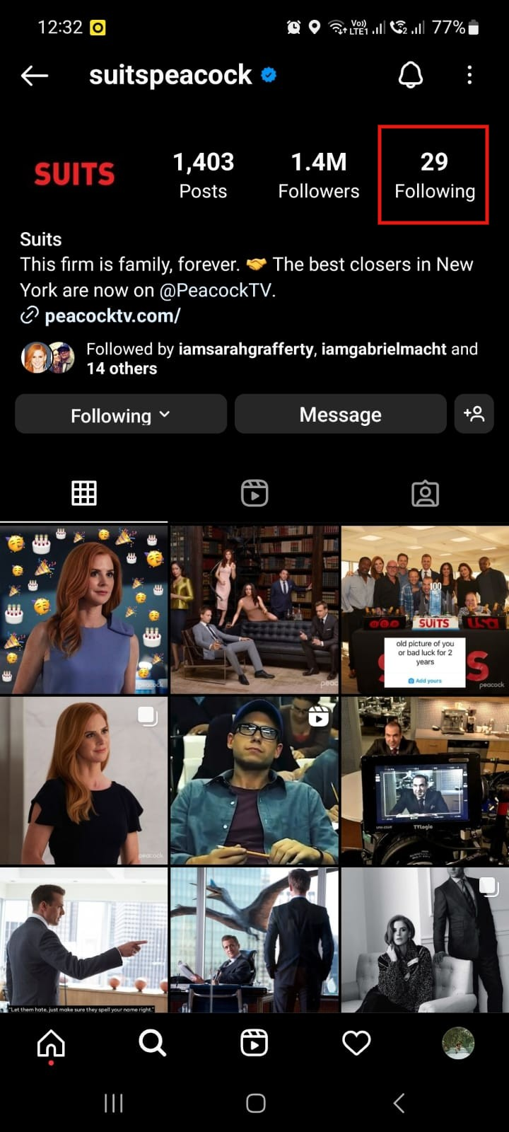 Following list on Instagram page for Suits web series