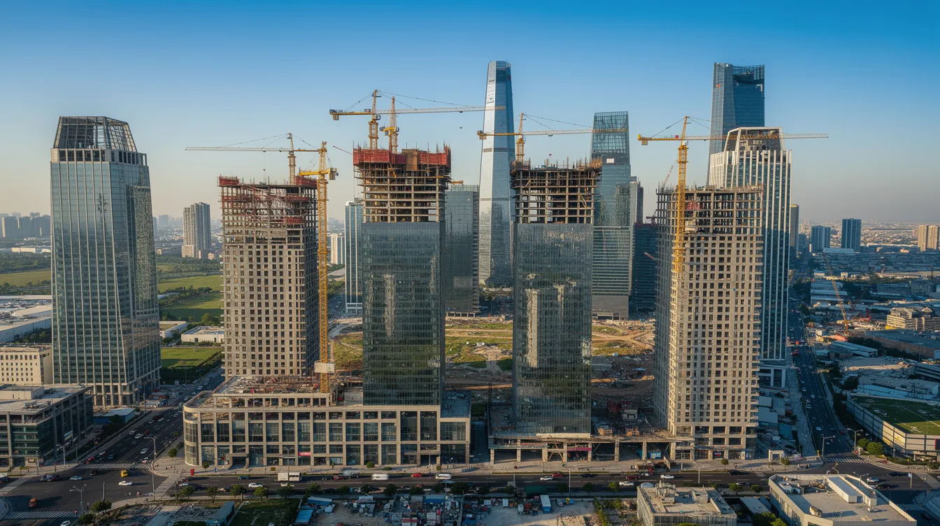 An aerial view captures a vibrant city skyline under a clear blue sky, featuring numerous construction cranes symbolizing growth and development. This bustling scene reflects the ongoing workforce development initiatives in Tennessee, highlighting the importance of apprenticeship programs in the construction trades.